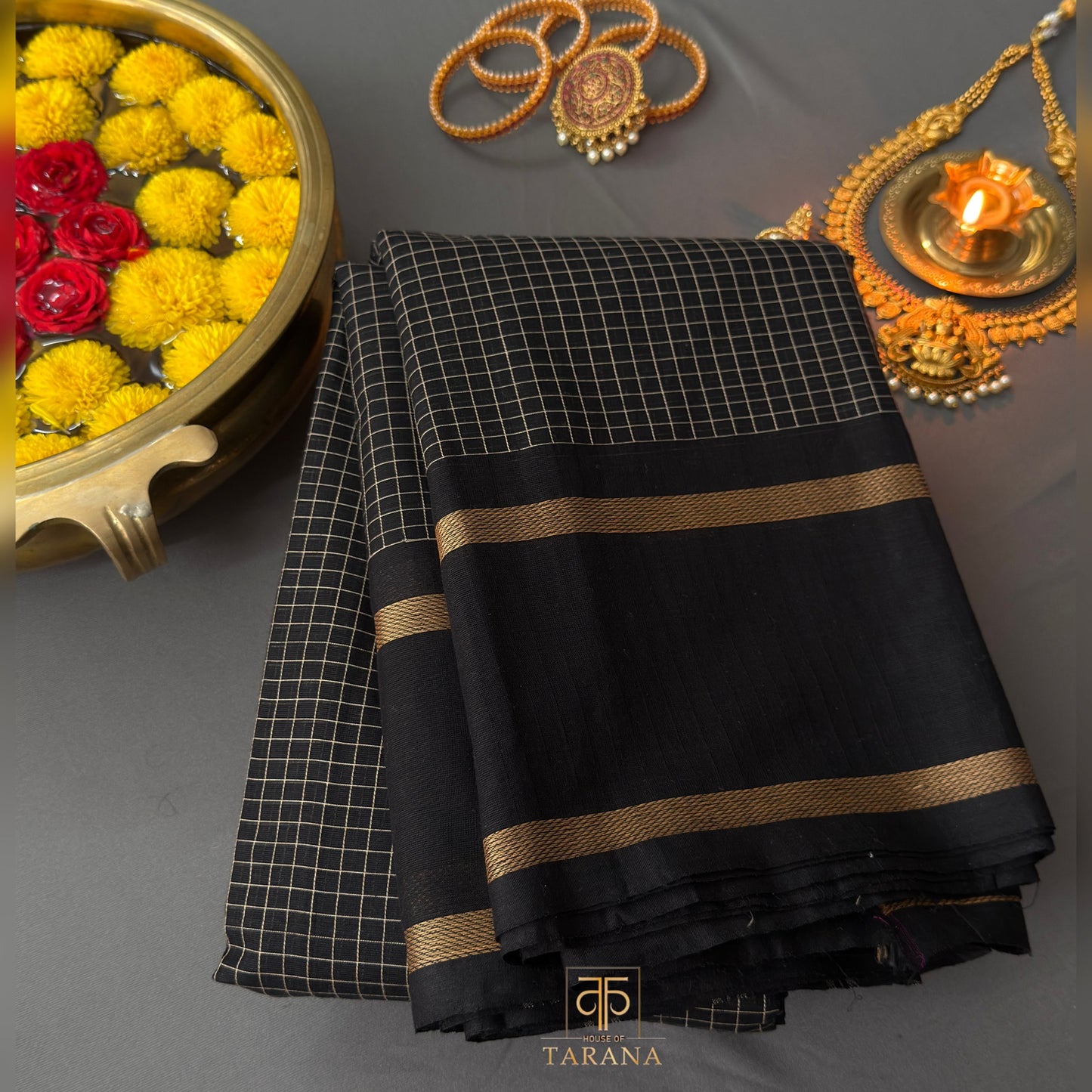 Black with gold checks kanjivaram cotton saree
