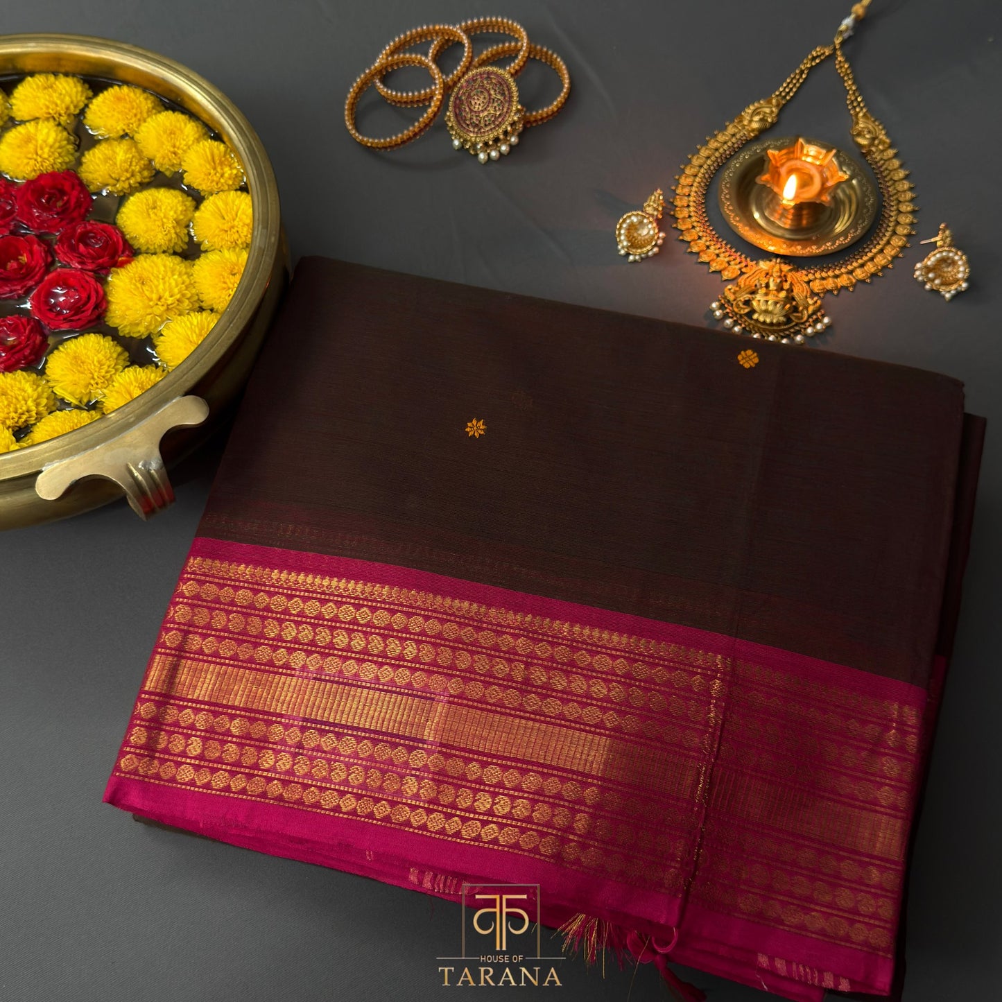 Brown with magenta pink kanjivaram cotton saree