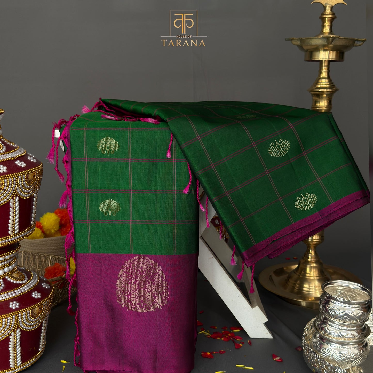 Emerald green with royal magenta kanjivaram soft silk saree