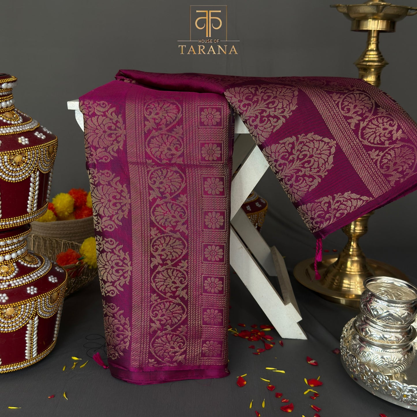 Emerald green with royal magenta kanjivaram soft silk saree