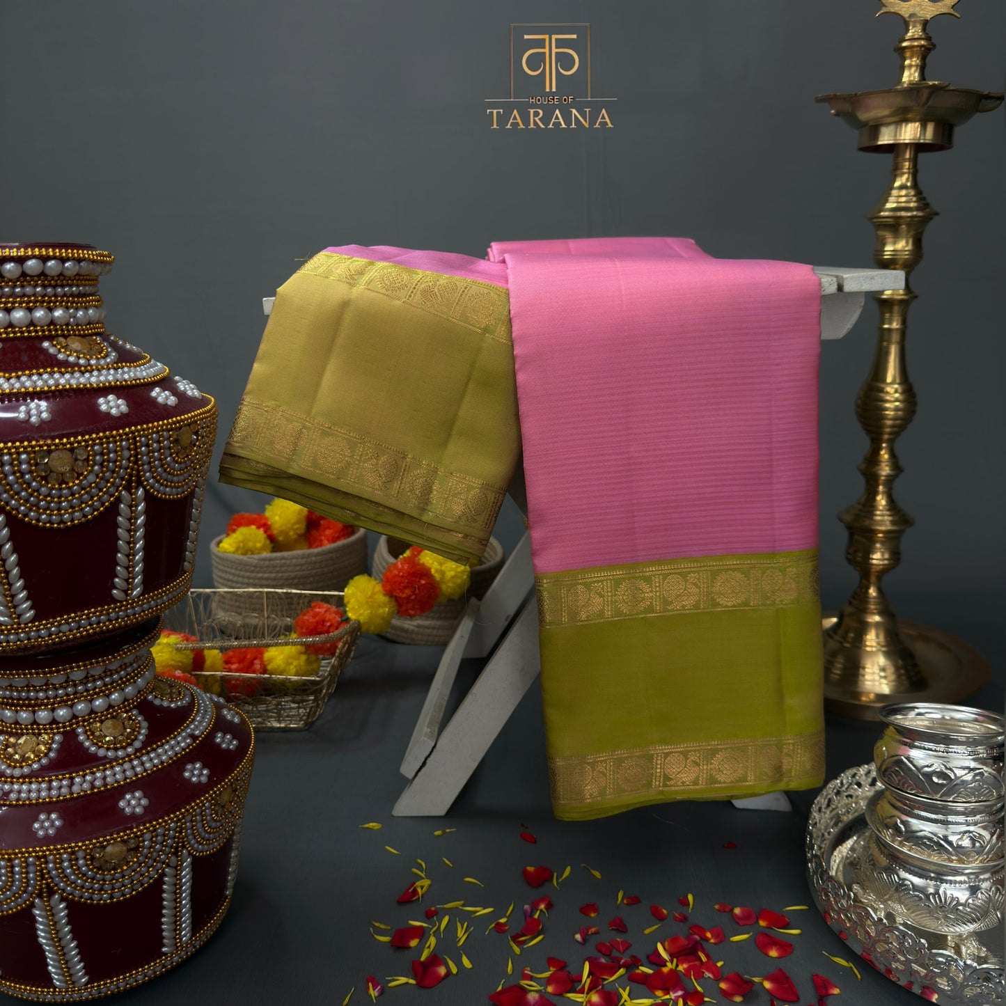 Dreamy pink & olive green kanjivaram soft silk saree