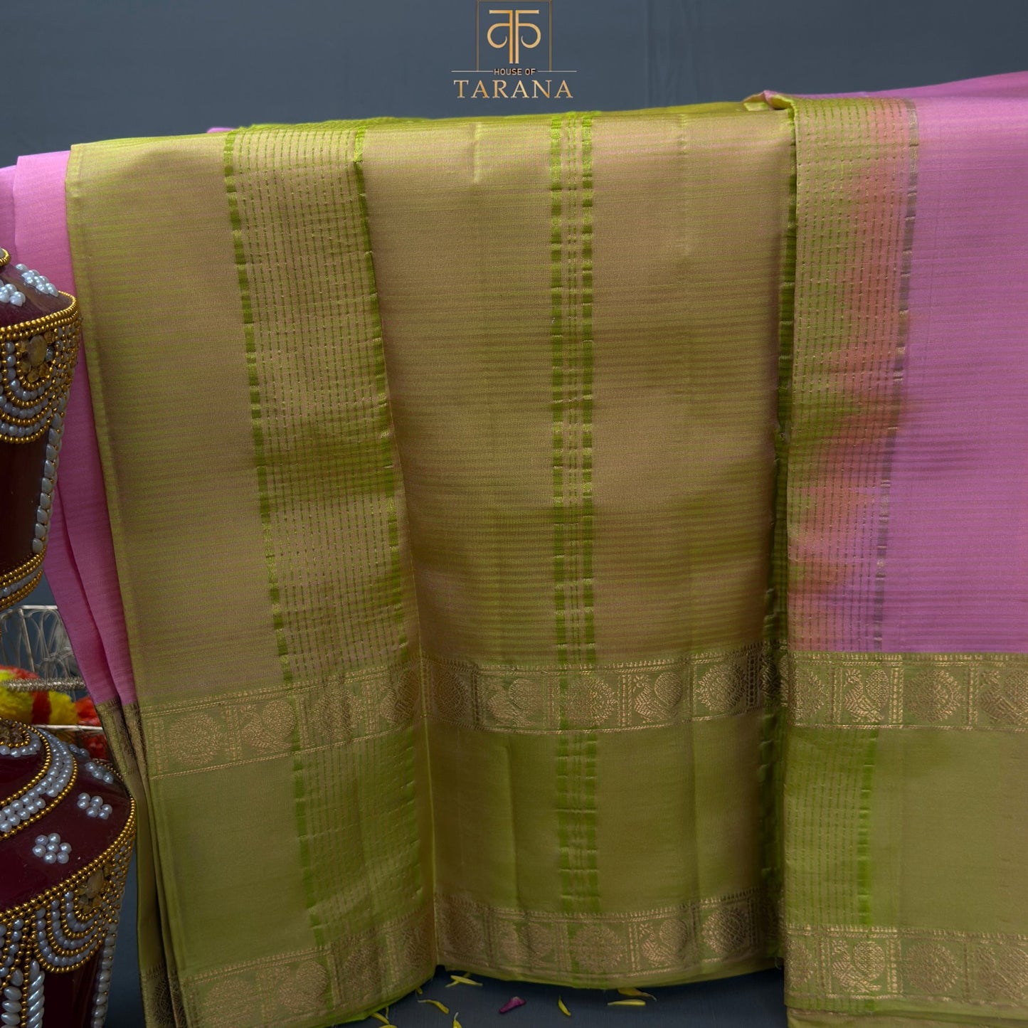 Dreamy pink & olive green kanjivaram soft silk saree