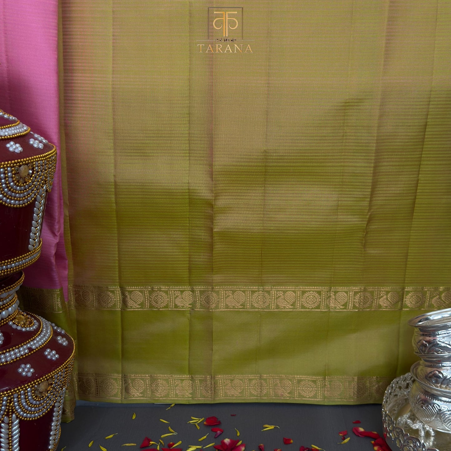 Dreamy pink & olive green kanjivaram soft silk saree
