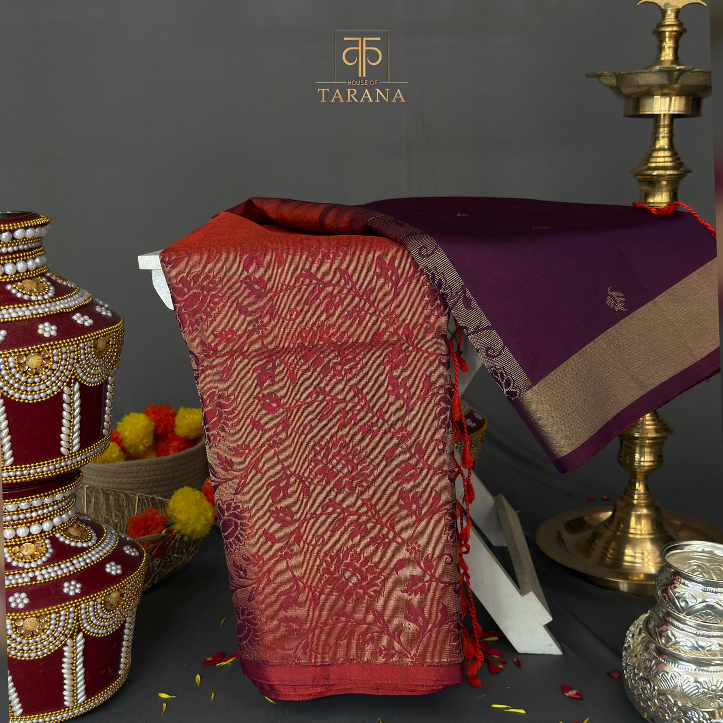 Plum purple with red floral kanjivaram soft silk saree