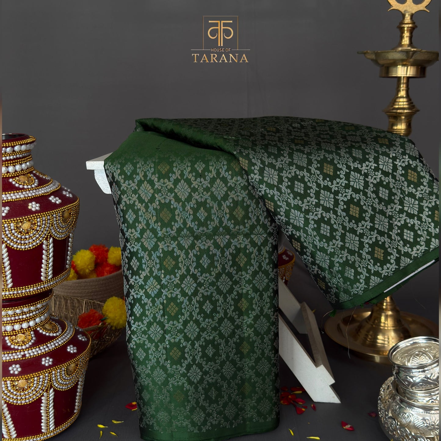 Silver grey with emerald green kanjivaram soft silk saree