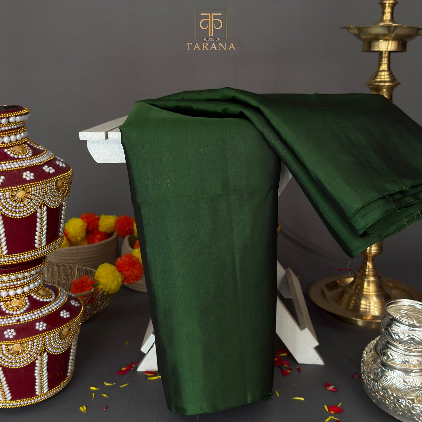 Silver grey with emerald green kanjivaram soft silk saree