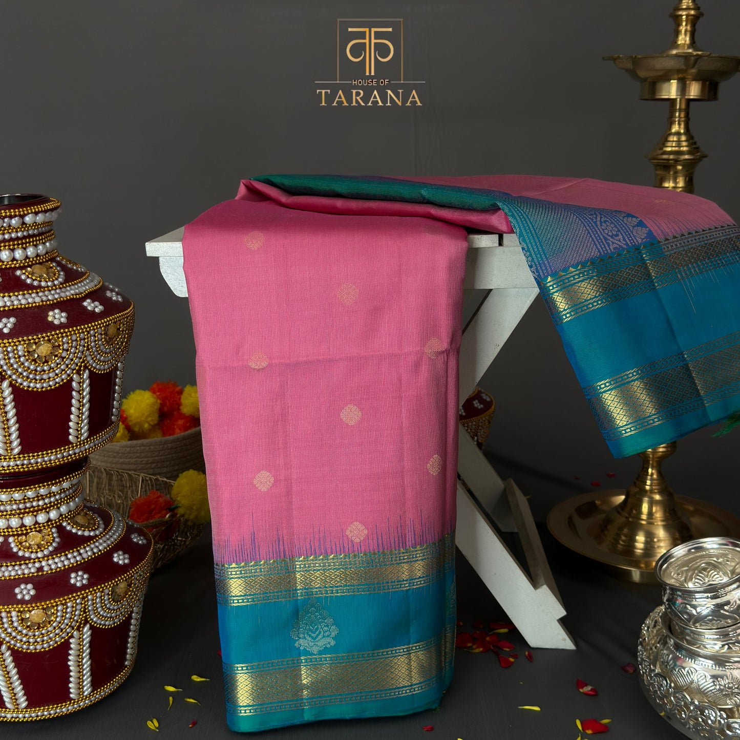 Pink with peacock blue kanjivaram soft silk saree