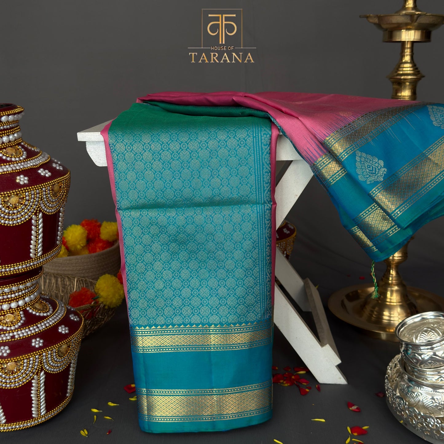 Pink with peacock blue kanjivaram soft silk saree