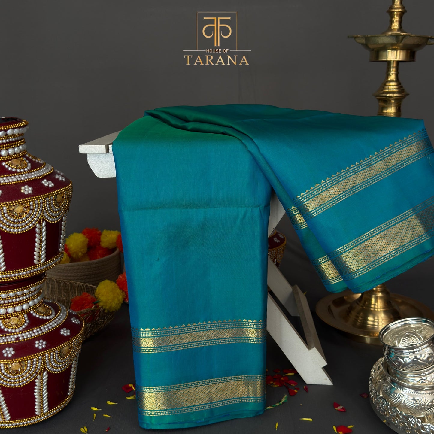 Pink with peacock blue kanjivaram soft silk saree