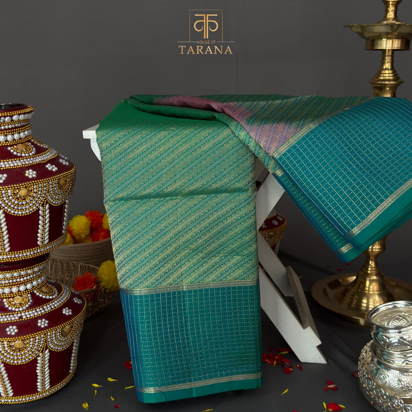 Pink with teal green kanjivaram soft silk saree