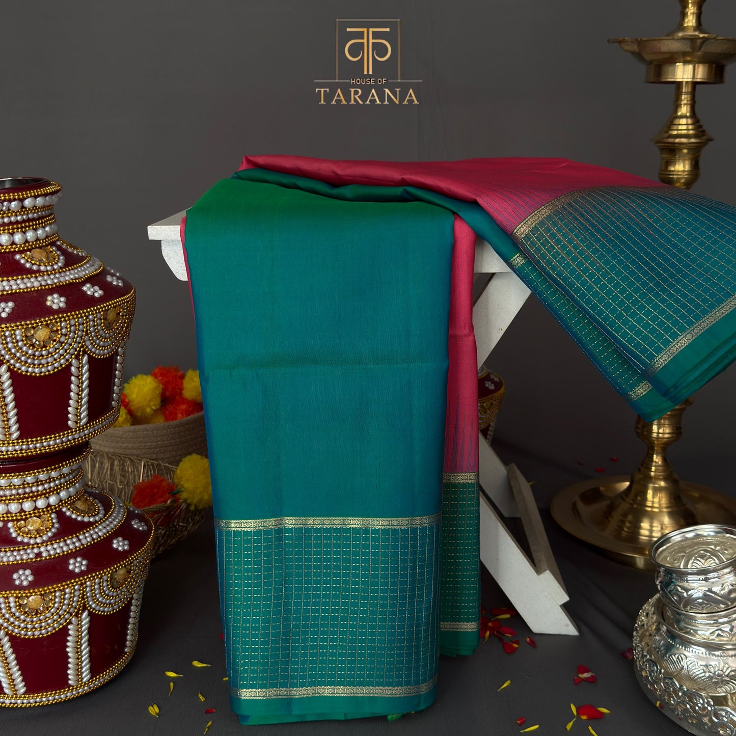 Pink with teal green kanjivaram soft silk saree
