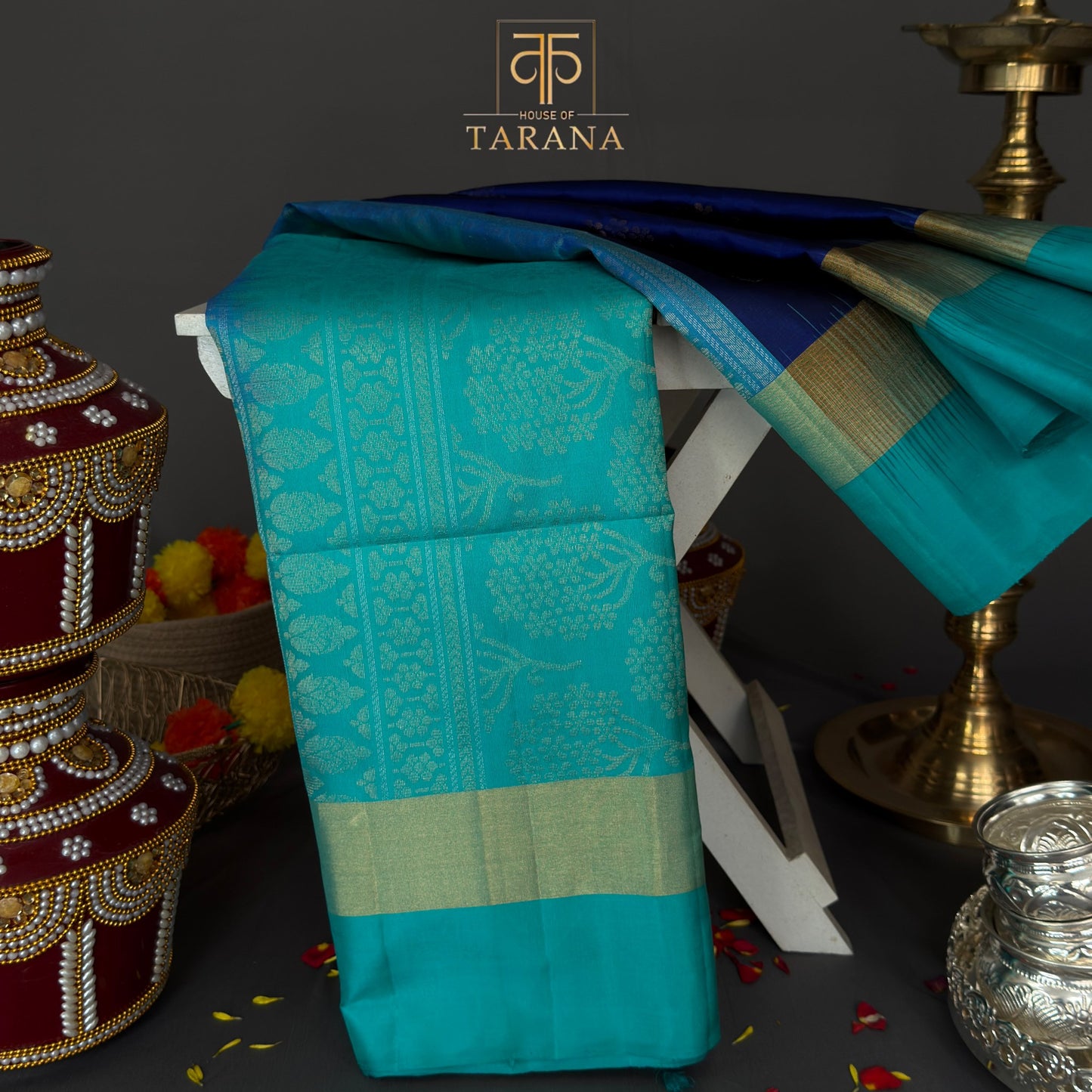 Royal blue with teal blue kanjivaram soft silk saree