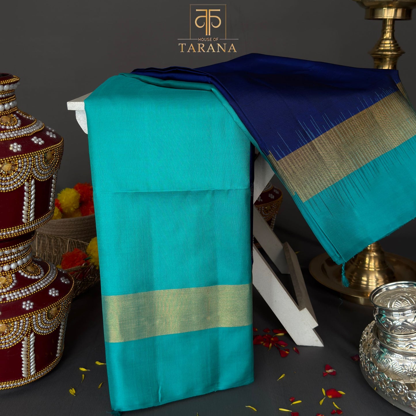 Royal blue with teal blue kanjivaram soft silk saree