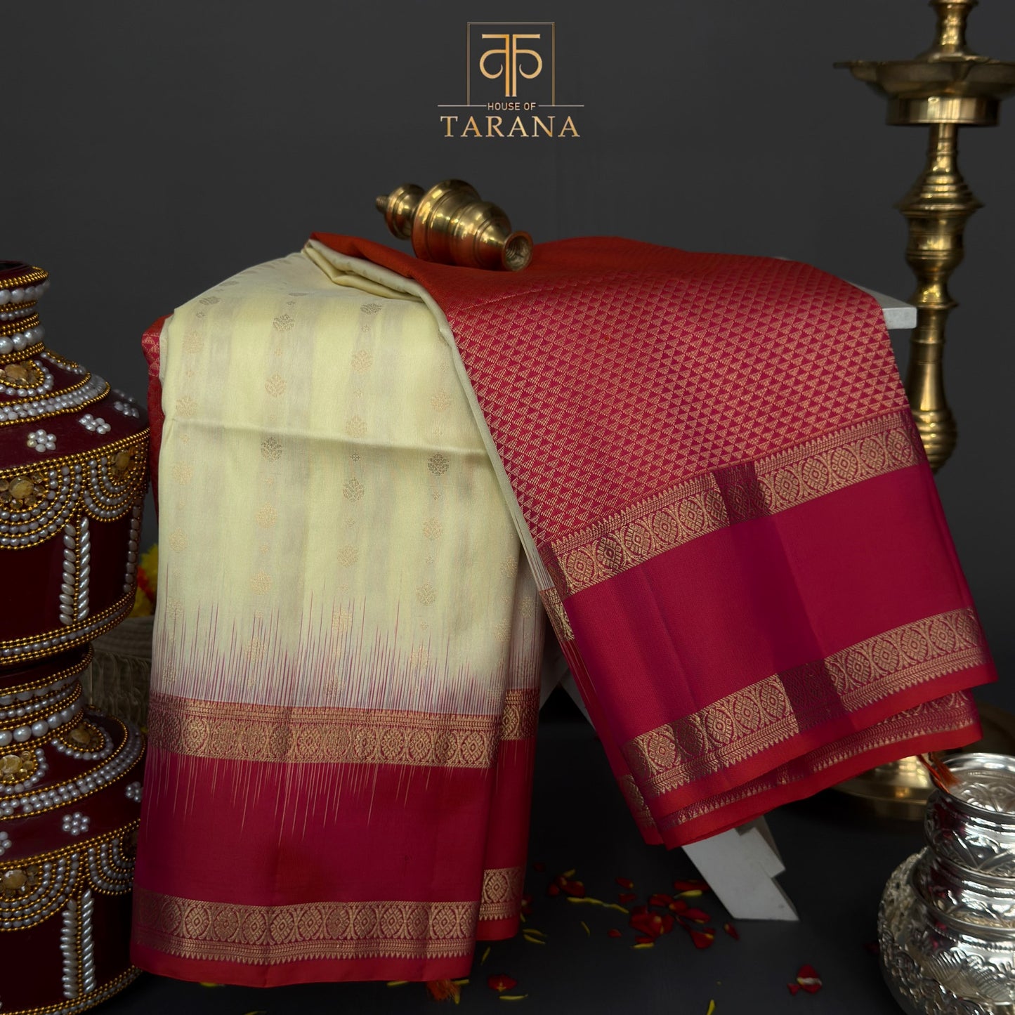Cream with pink kanjivaram soft silk saree