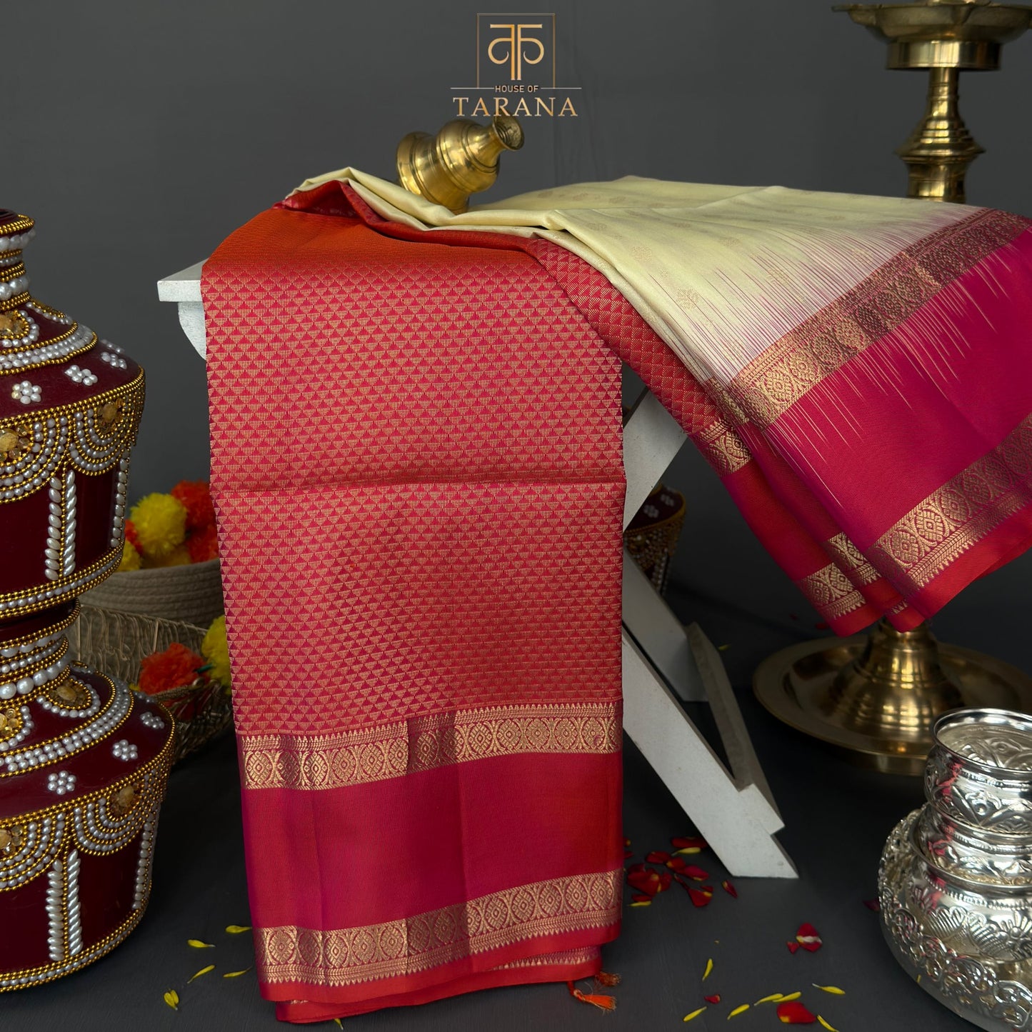 Cream with pink kanjivaram soft silk saree