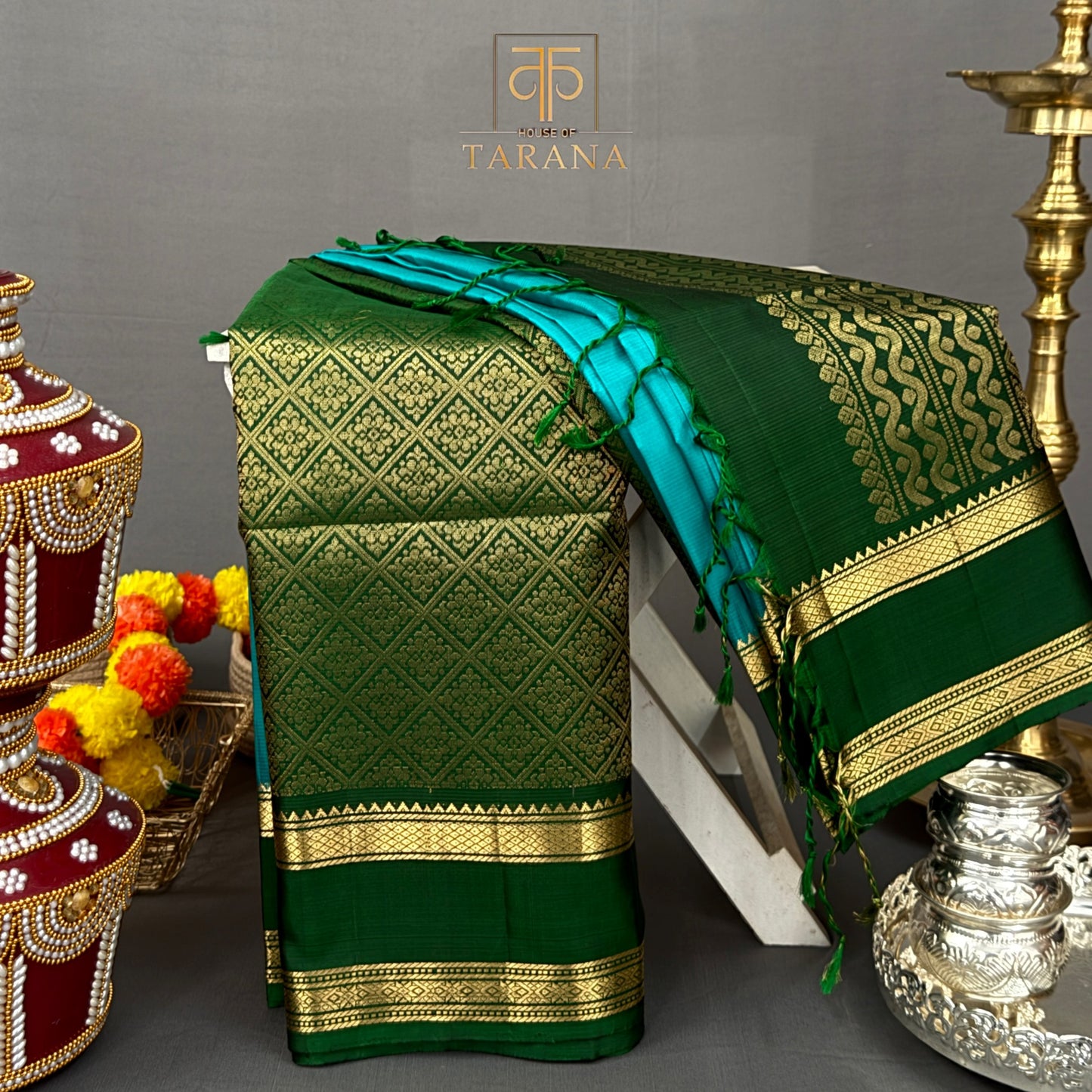 Turquoise blue with bottle green kanjivaram soft silk saree
