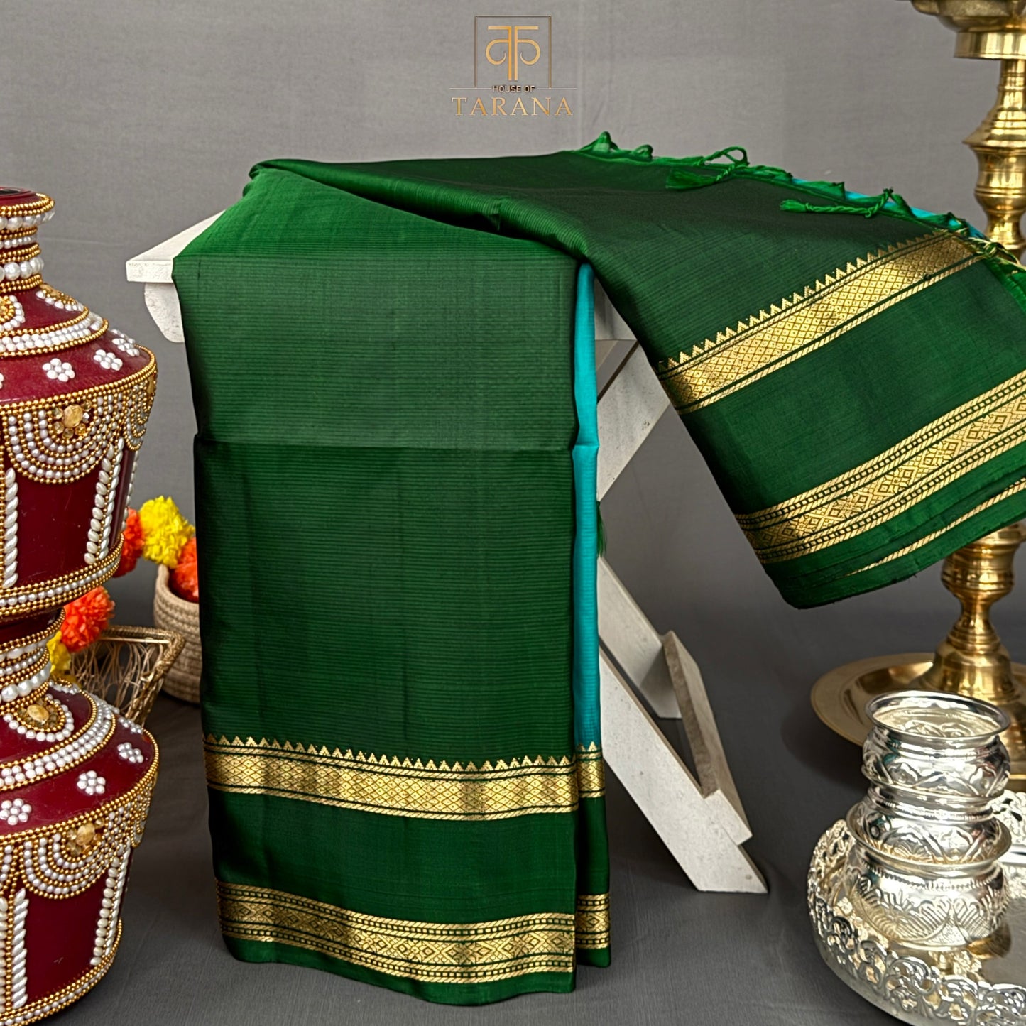 Turquoise blue with bottle green kanjivaram soft silk saree