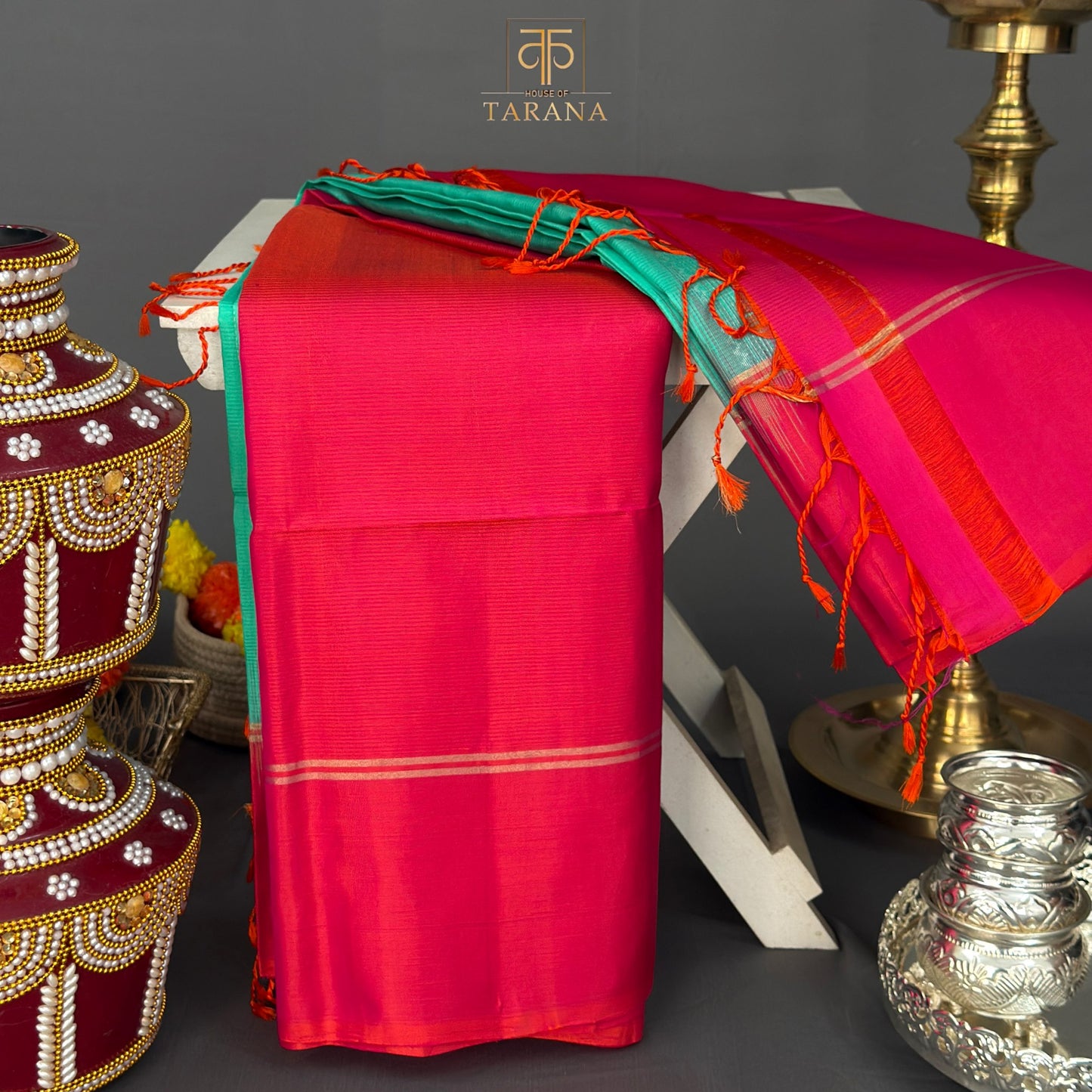 Teal green with pink kanjivaram soft silk saree