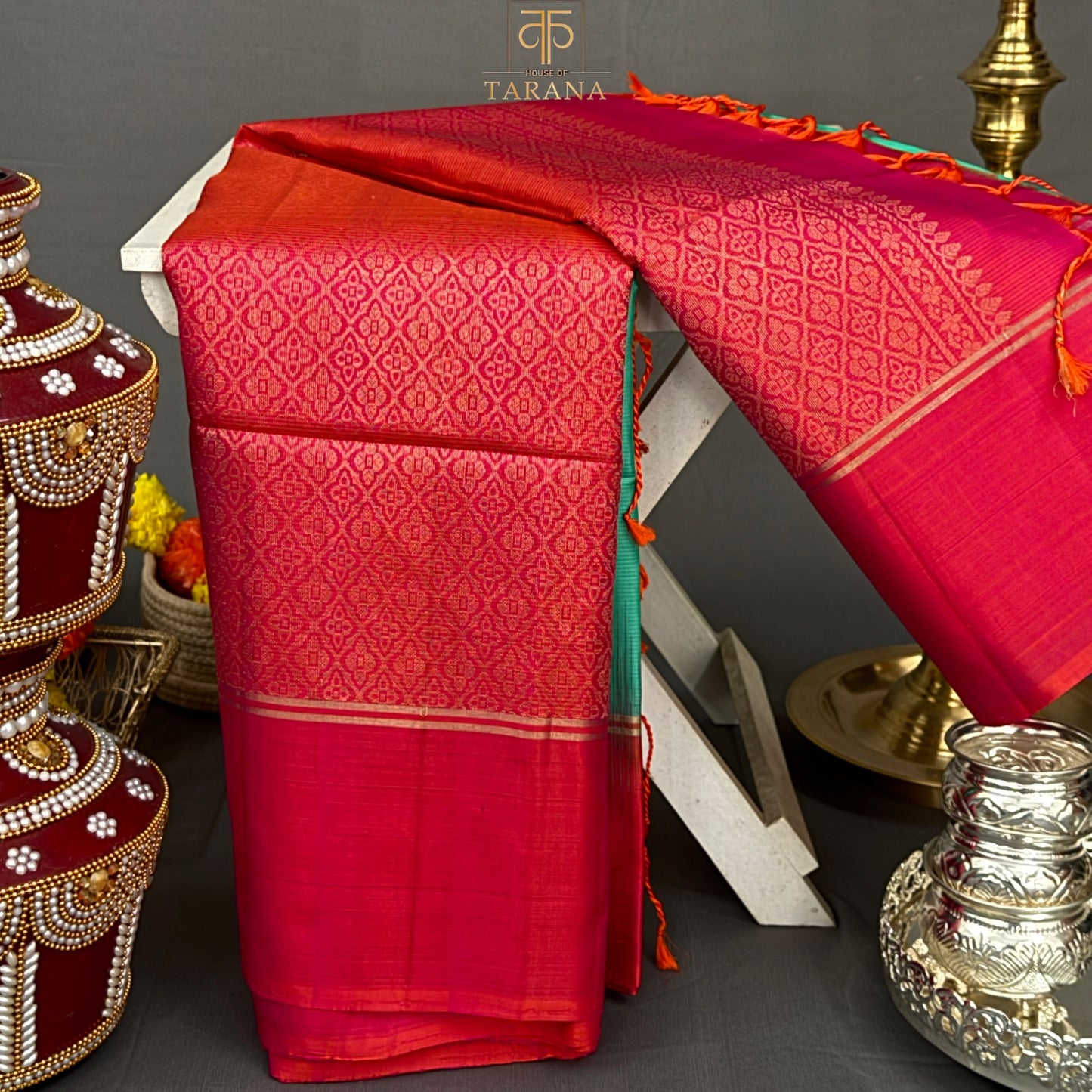 Teal green with pink kanjivaram soft silk saree