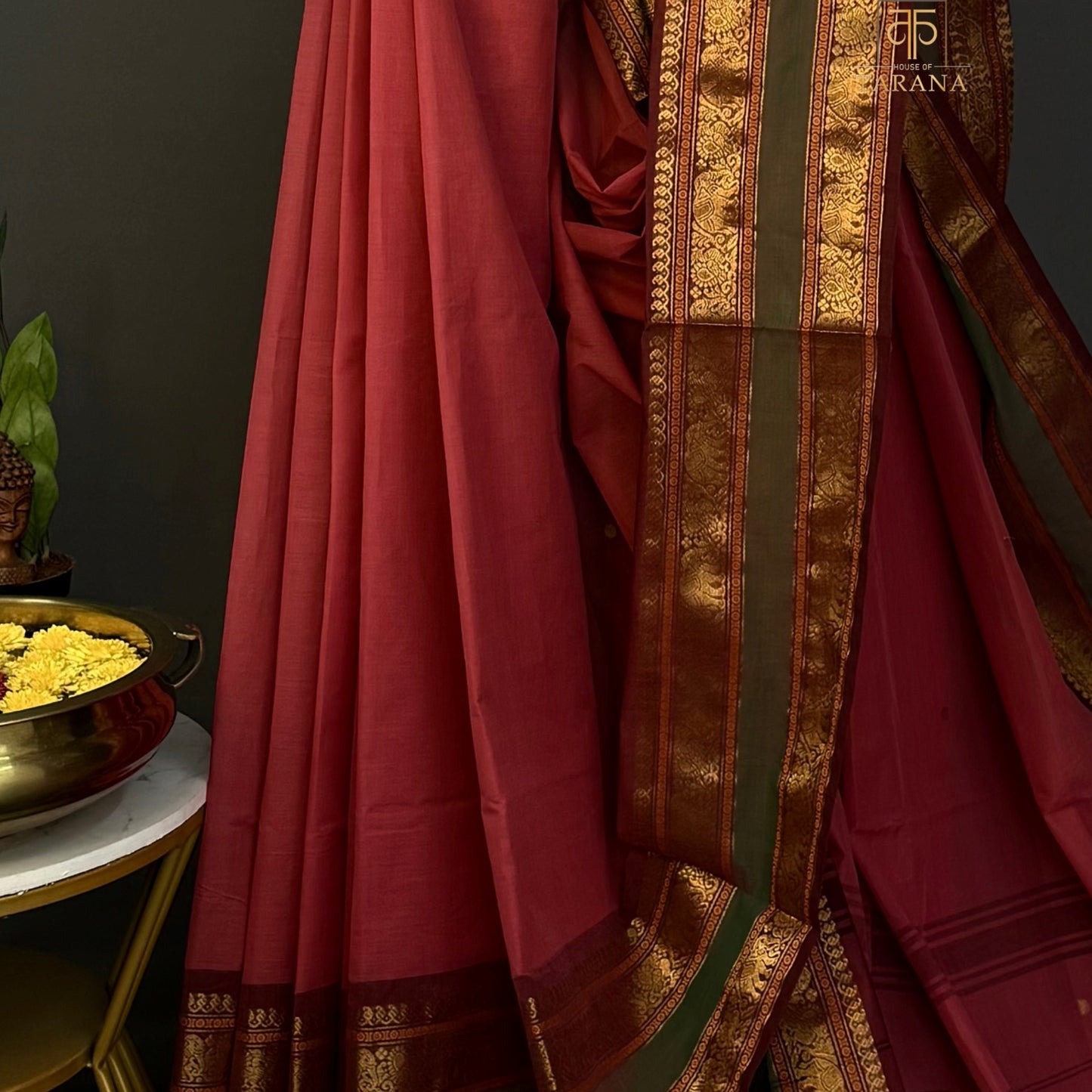 Coral Pink with Maroon Chettinad Cotton Saree