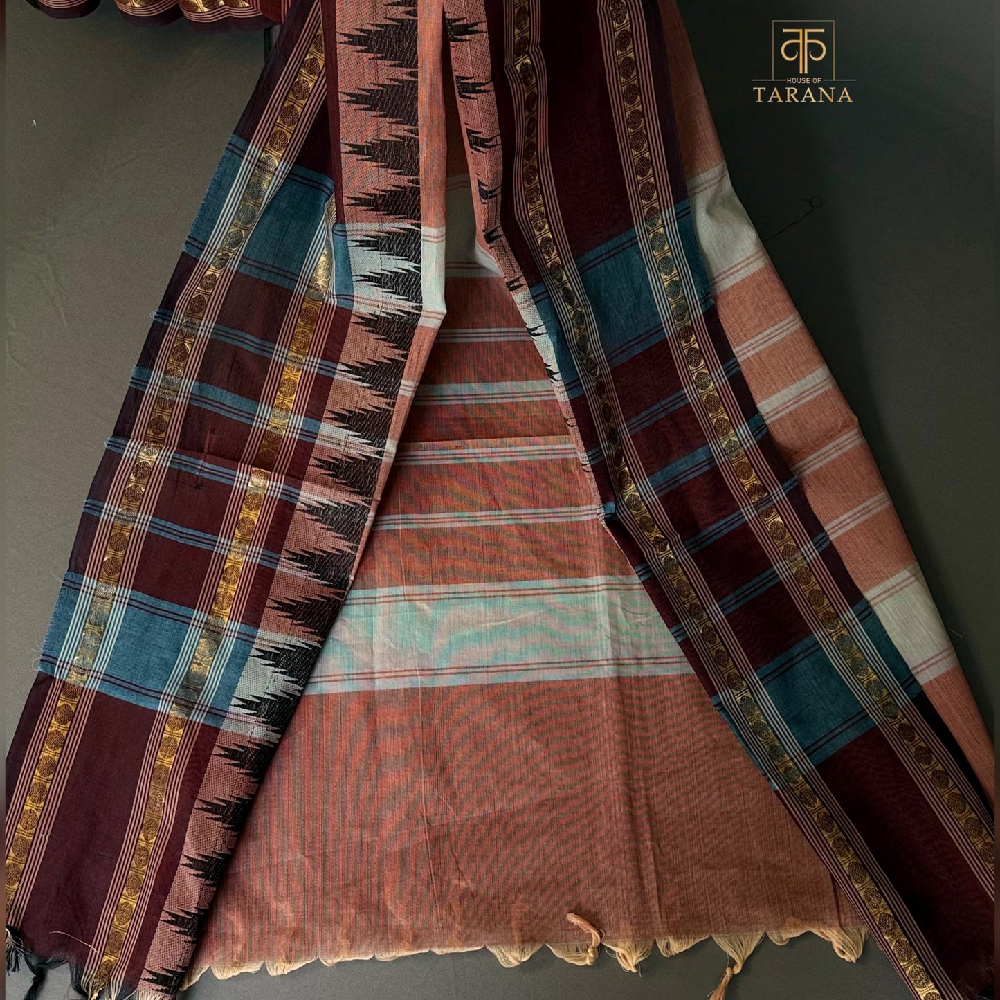 Terracotta with maroon Chettinad Cotton Saree