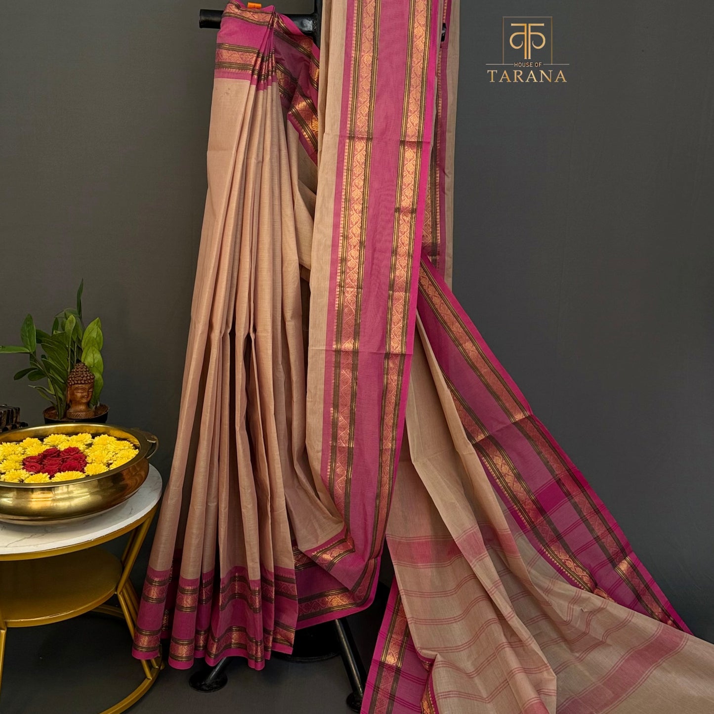 Cream with pink Chettinad Cotton saree