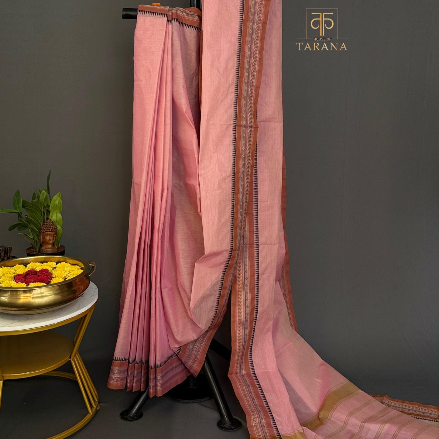Pastel pink with Brown Chettinad Cotton Saree