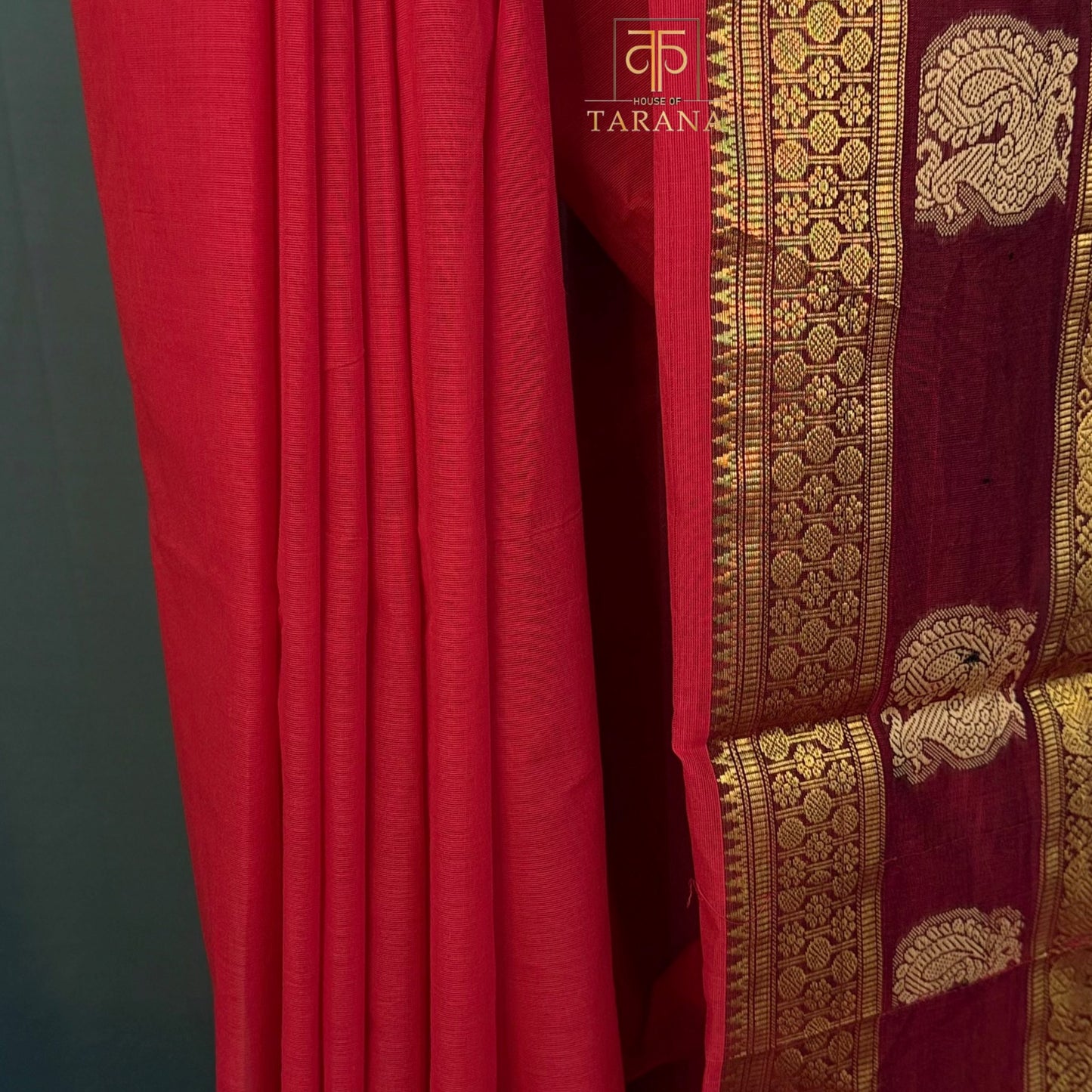 Red with maroon Chettinad Cotton Saree
