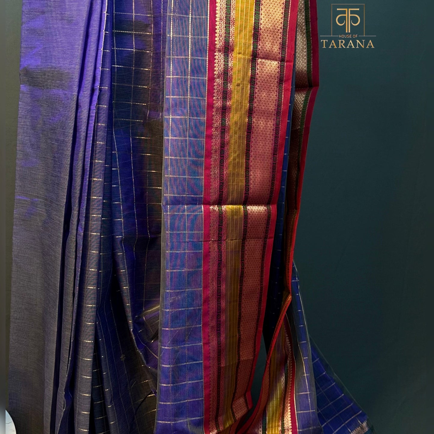 Blue with deep pink Silk Cotton