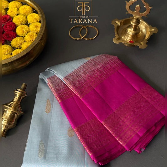 Lite pastel blue with magenta pink kanjivaram silk saree