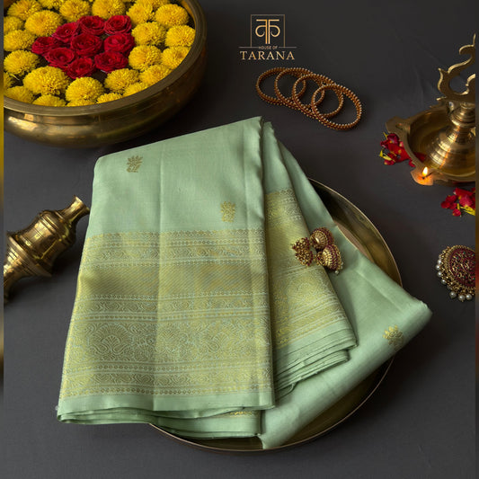 Pastel mint green with golden zari kanjivaram silk saree