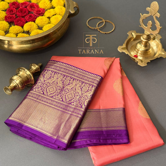 Peach with royal purple kanjivaram silk saree