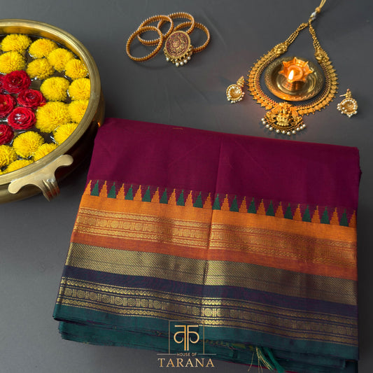 Wine with mustard green kanjivaram cotton saree