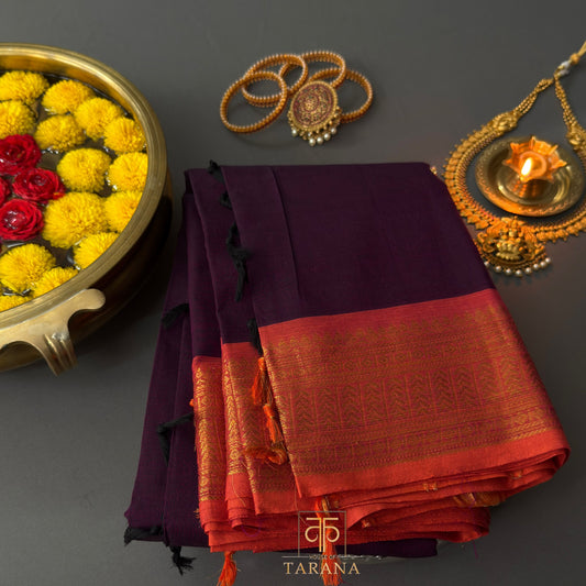 Purple with burnt orange kanjivaram cotton saree