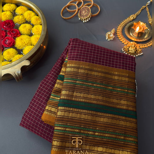 Wine red with mustard kanjivaram cotton saree