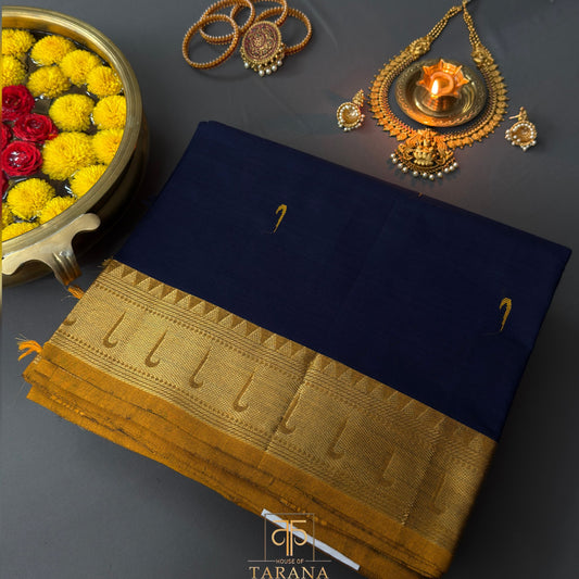 Navy blue with mustard kanjivaram cotton saree