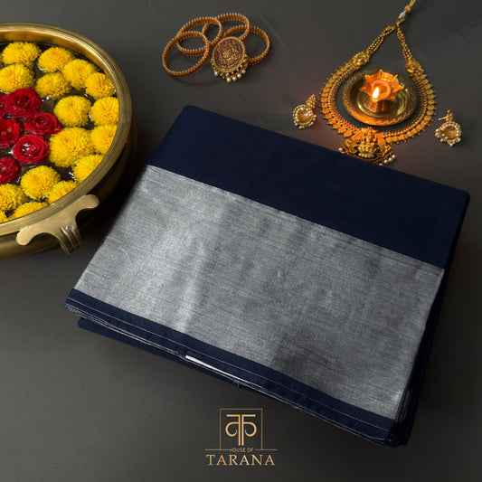 Navy blue with silver zari kanjivaram cotton saree