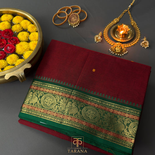 Maroon with emerald green kanjivaram cotton saree