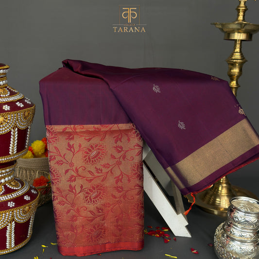 Plum purple with red floral kanjivaram soft silk saree