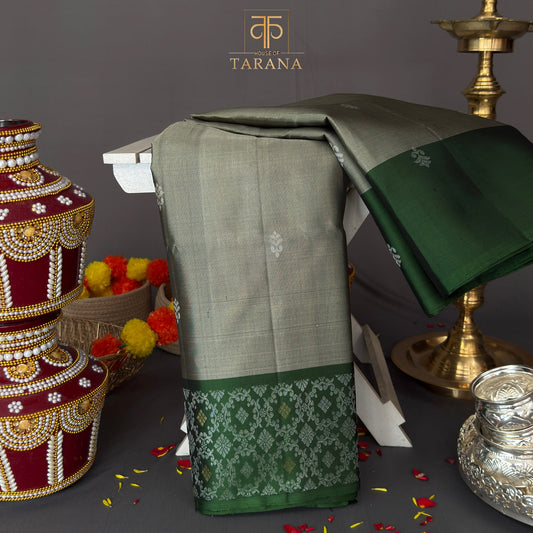 Silver grey with emerald green kanjivaram soft silk saree