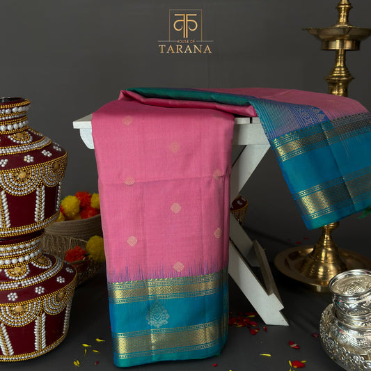 Pink with peacock blue kanjivaram soft silk saree