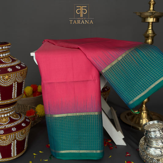 Pink with teal green kanjivaram soft silk saree