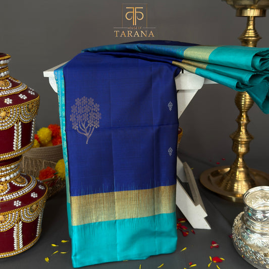Royal blue with teal blue kanjivaram soft silk saree