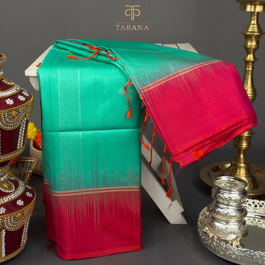 Teal green with pink kanjivaram soft silk saree