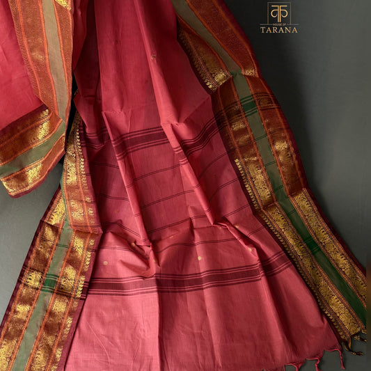 Coral Pink with Maroon Chettinad Cotton Saree