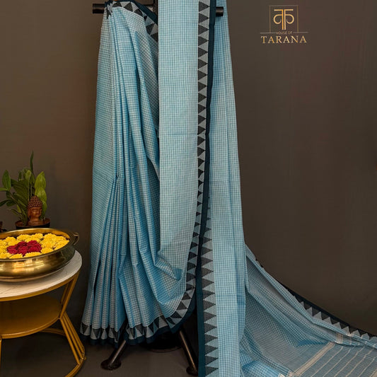 Sky Blue Checks Chettinad Cotton Saree