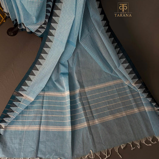 Sky Blue Checks Chettinad Cotton Saree