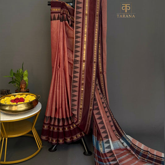 Terracotta with maroon Chettinad Cotton Saree
