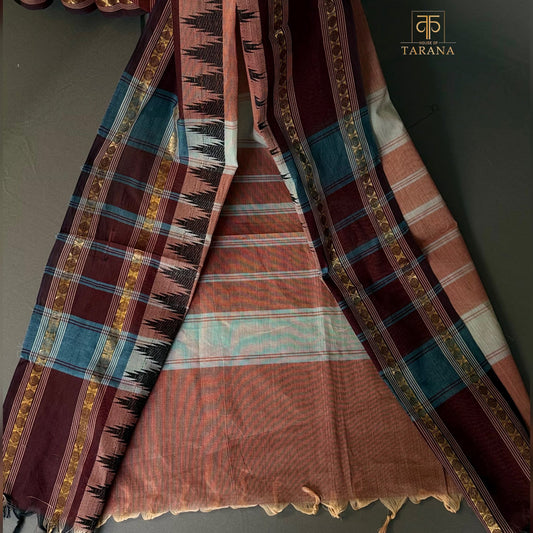 Terracotta with maroon Chettinad Cotton Saree
