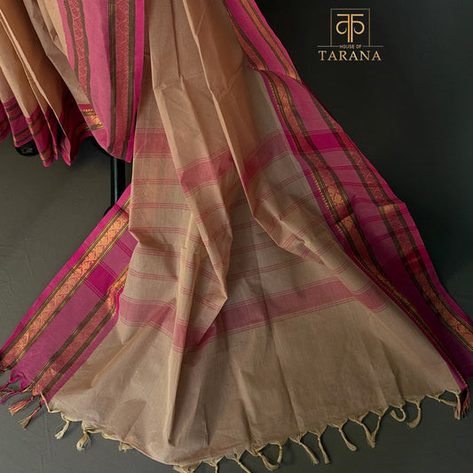 Cream with pink  Chettinad Cotton saree